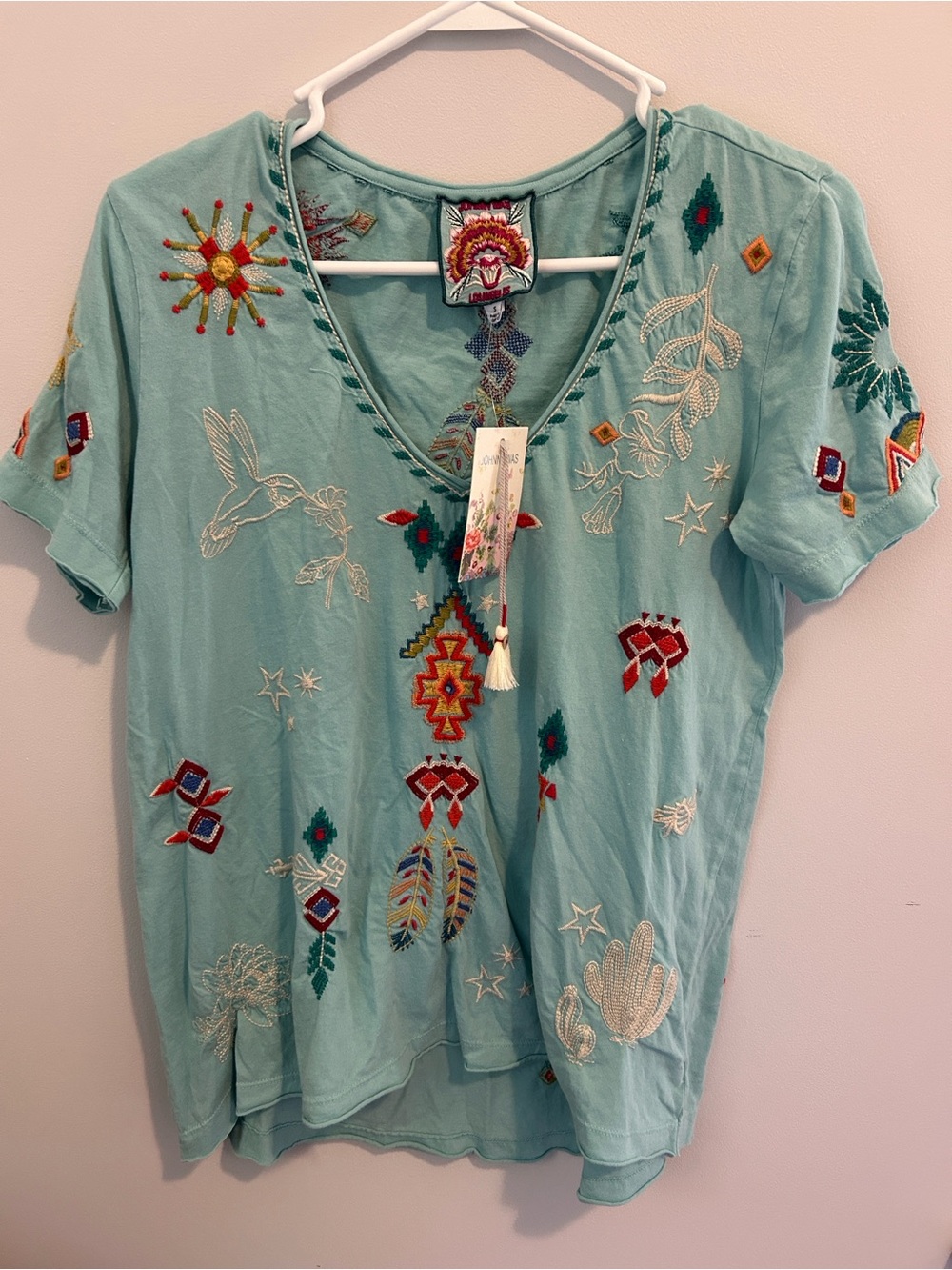 Johnny Was Aqua Embroidered V-Neck Tee